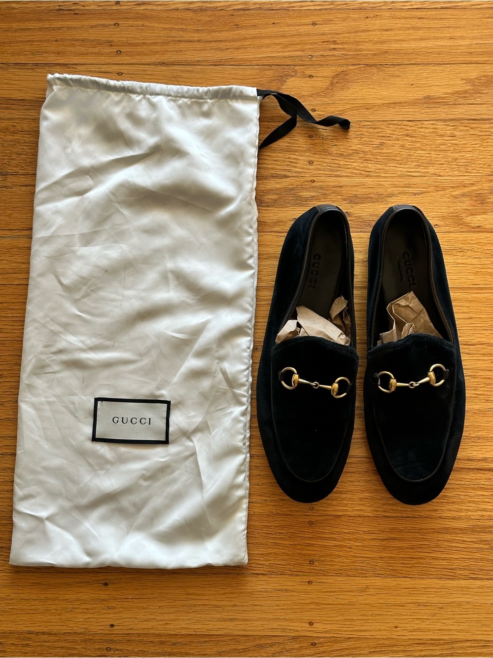 Gucci Black Velvet Loafers with Gold Horsebit